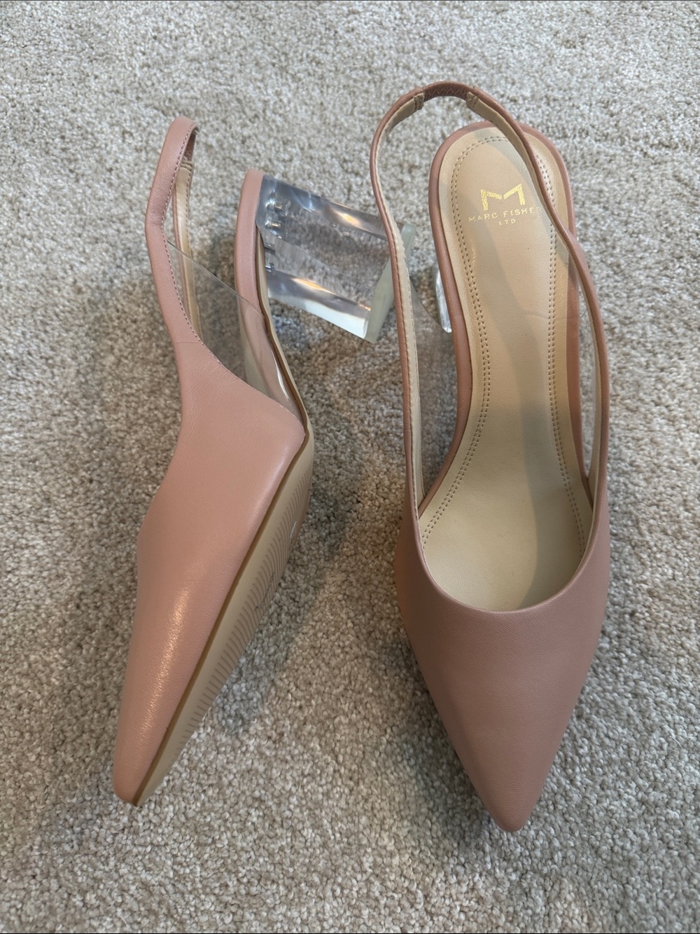Marc Fisher Blush Slingback Pointed Toe Heels with Clear Block Heel